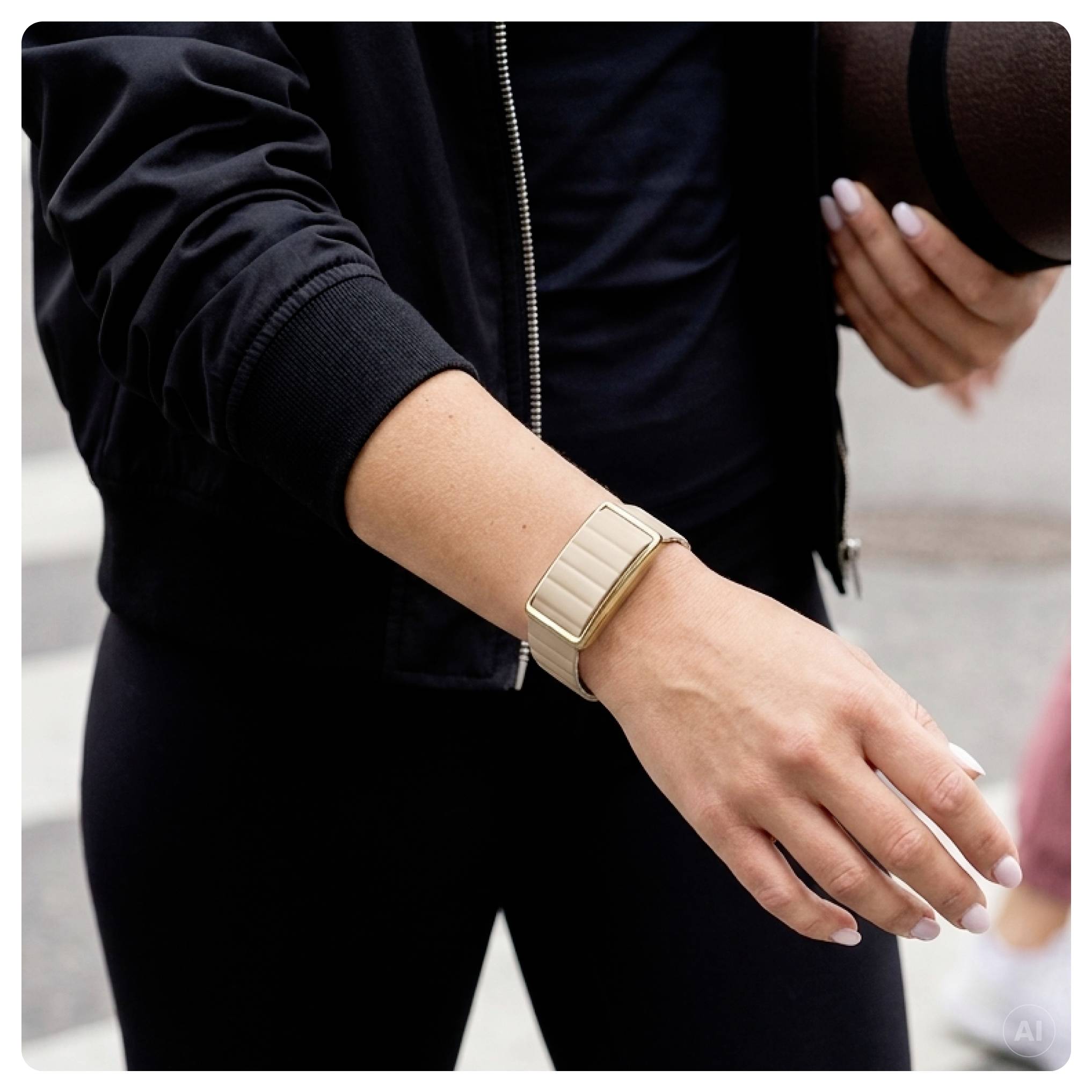 Nærbillede af en person i sort tøj, der strækker hånden ud, bærende et beige armbåndsur og holder en sort hat under den ene arm.
