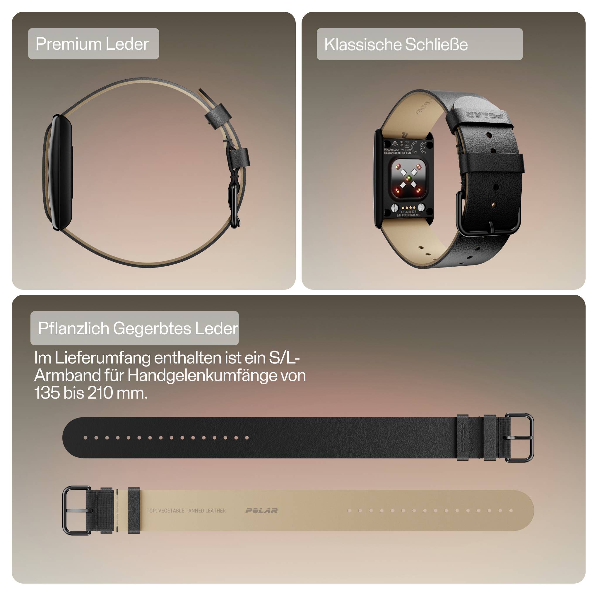 Produktgrafik viser smartwatch-remme: premium læder, klassisk spænde og plantegarvt læder; inkluderer S/L armbånd til håndled på 135-210 mm.