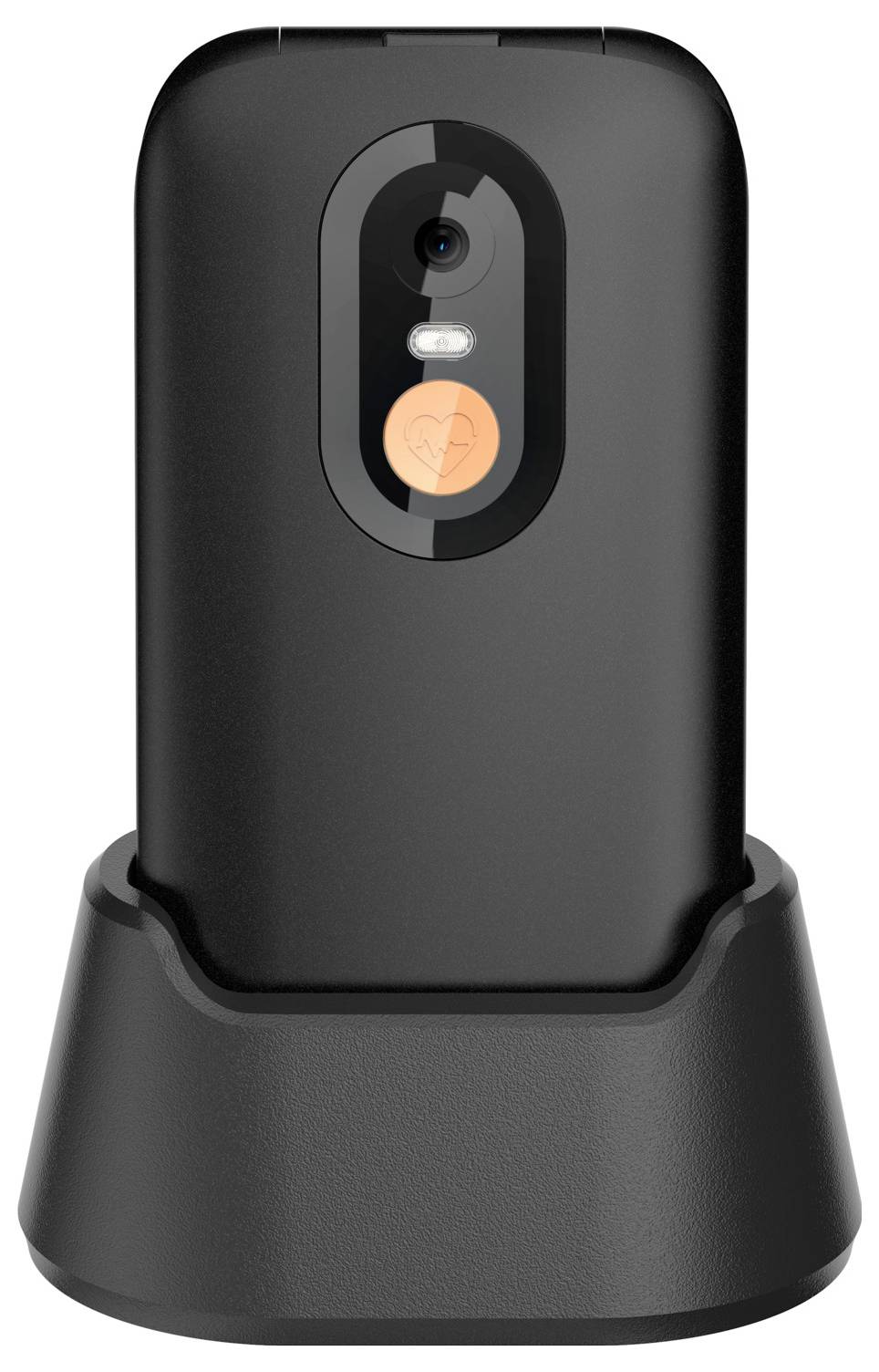 Sort smartphone i en opladningsboltje, der viser bagkameraet, blitzen og fingeraftrykssensoren.