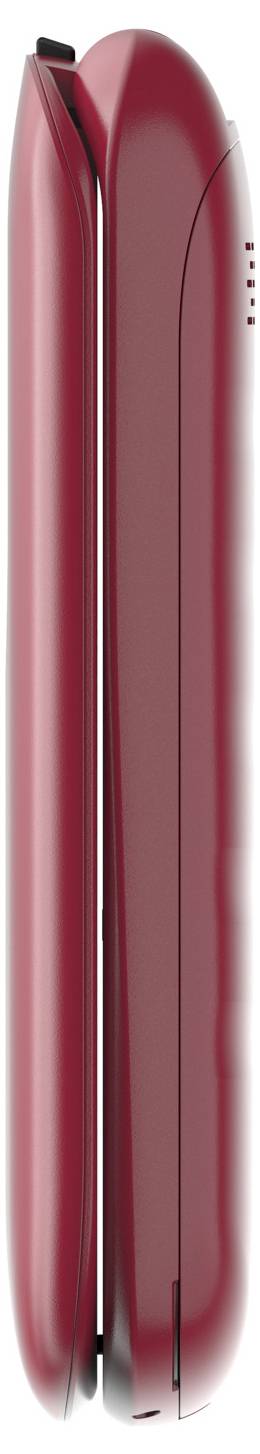 Rød foldbar smartphone vist lukket, sidevisning, med blank burgundyfinish.