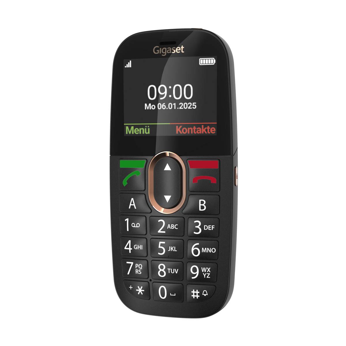 Sort Gigaset trådløs telefon, der viser 09:00 og dato Ma 06.01.2025, med soft keys mærket Menü og Kontakte og et numerisk tastatur.