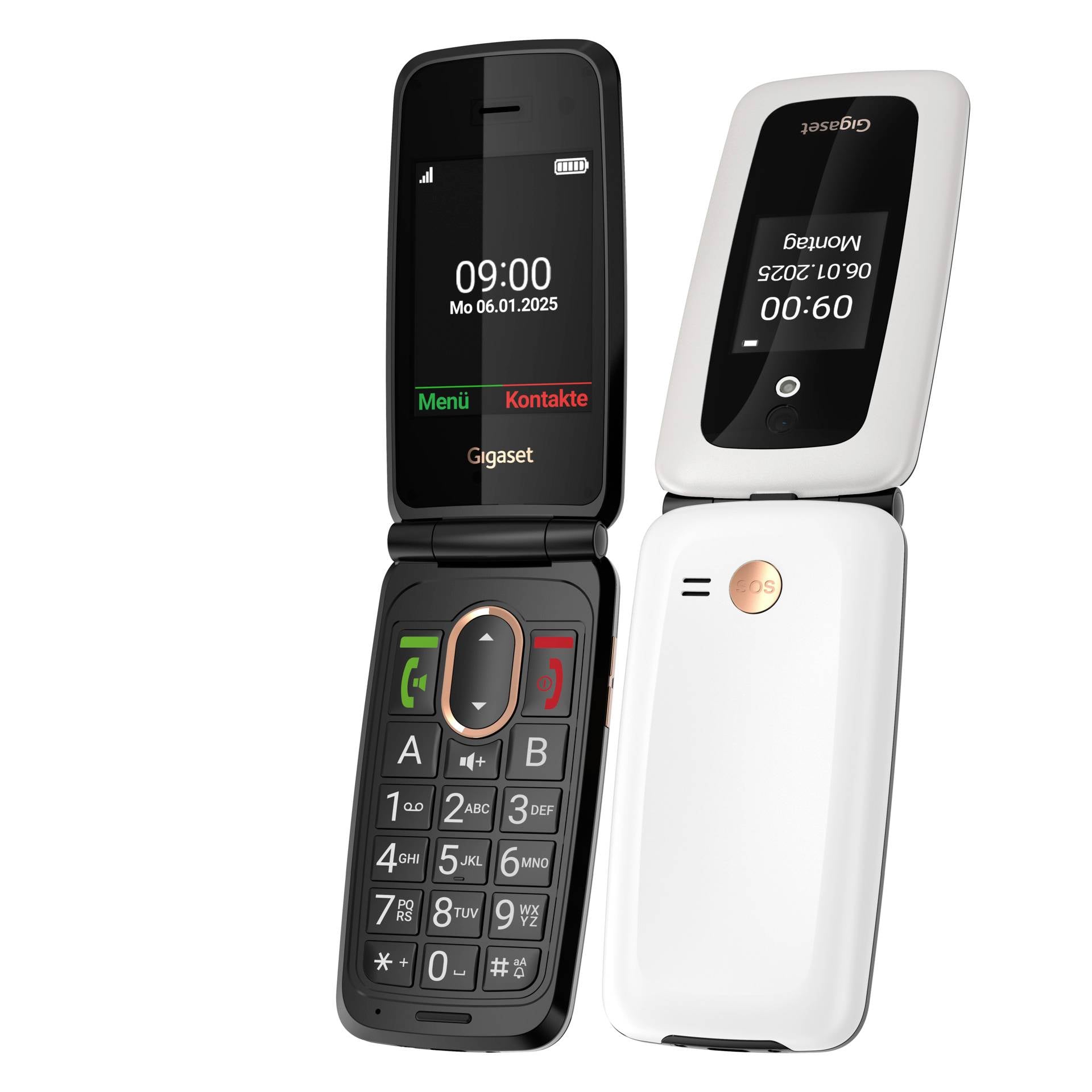 To flip phones vist åbne og lukkede: en sort Gigaset-telefon med skærm og tastatur, og en hvid telefon med en SOS-knap på bagsiden.