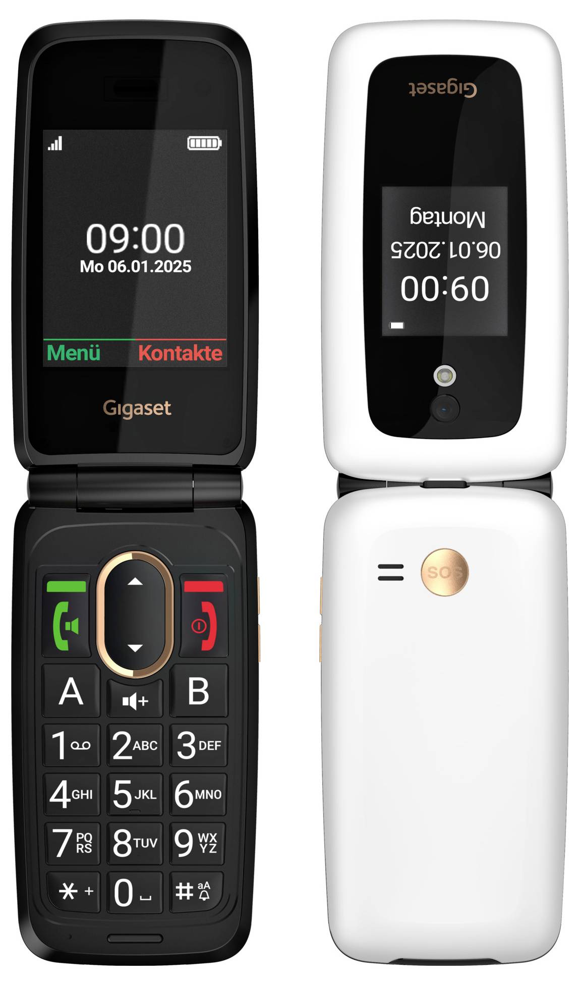 Åben flip-telefon vist fra forsiden og bagsiden i sort og hvidt, med ekstern skærm, tastatur og kamera på bagsiden.
