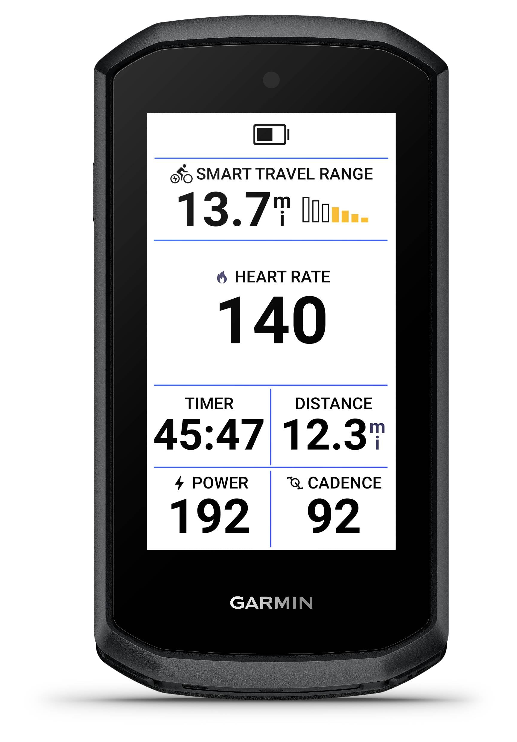 Garmin cykelcomputer viser smart rejseinterval 13,7 mil, pulsfrekv. 140, timer 45:47, distance 12,3 mil, effekt 192 og kadence 92.