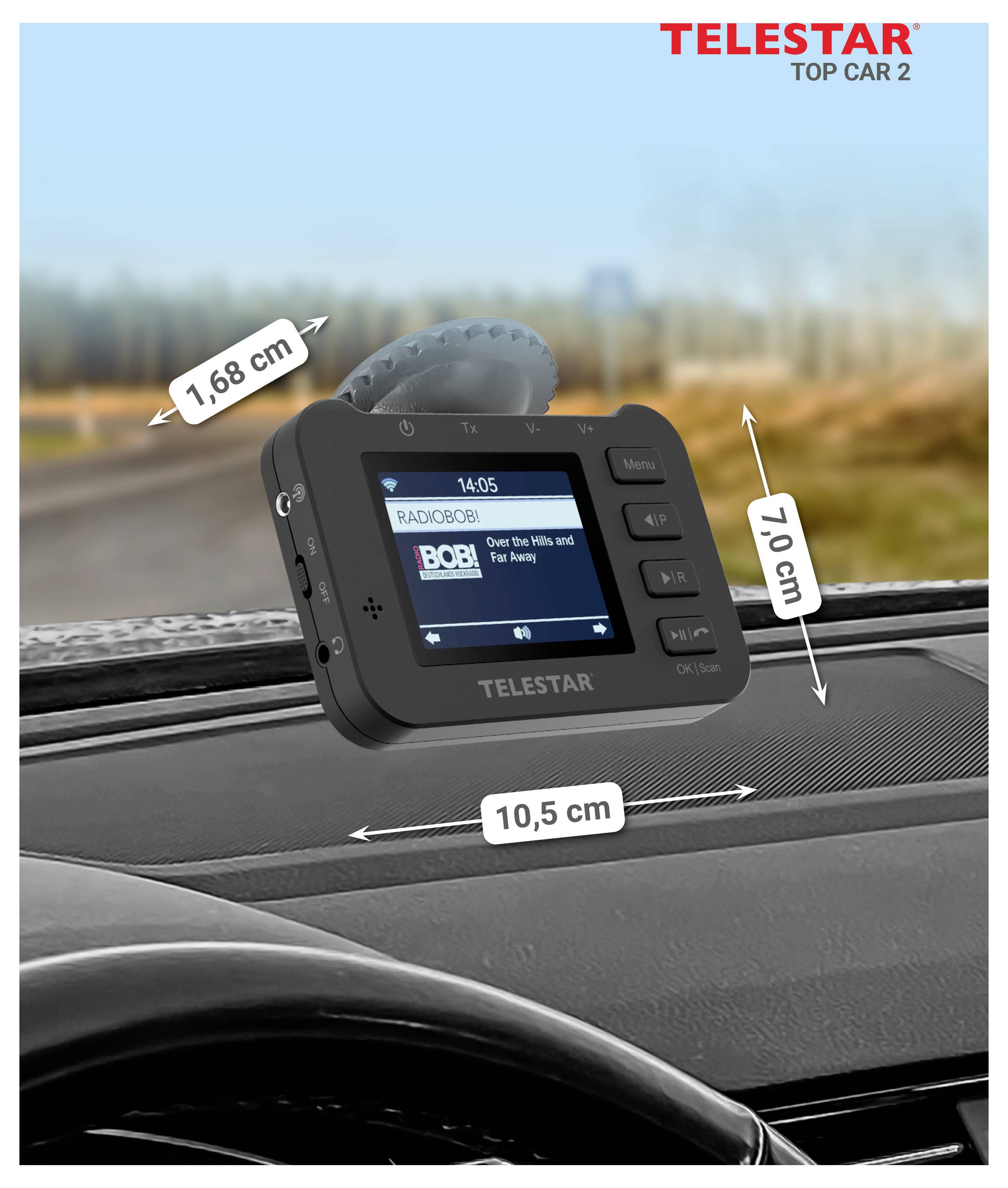 Telestar Top Car 2 bilradio display monteret på et instrumentbræt, med størrelsesmærkater, der viser 10,5 cm bred, 7,0 cm høj og 1,68 cm dybde.