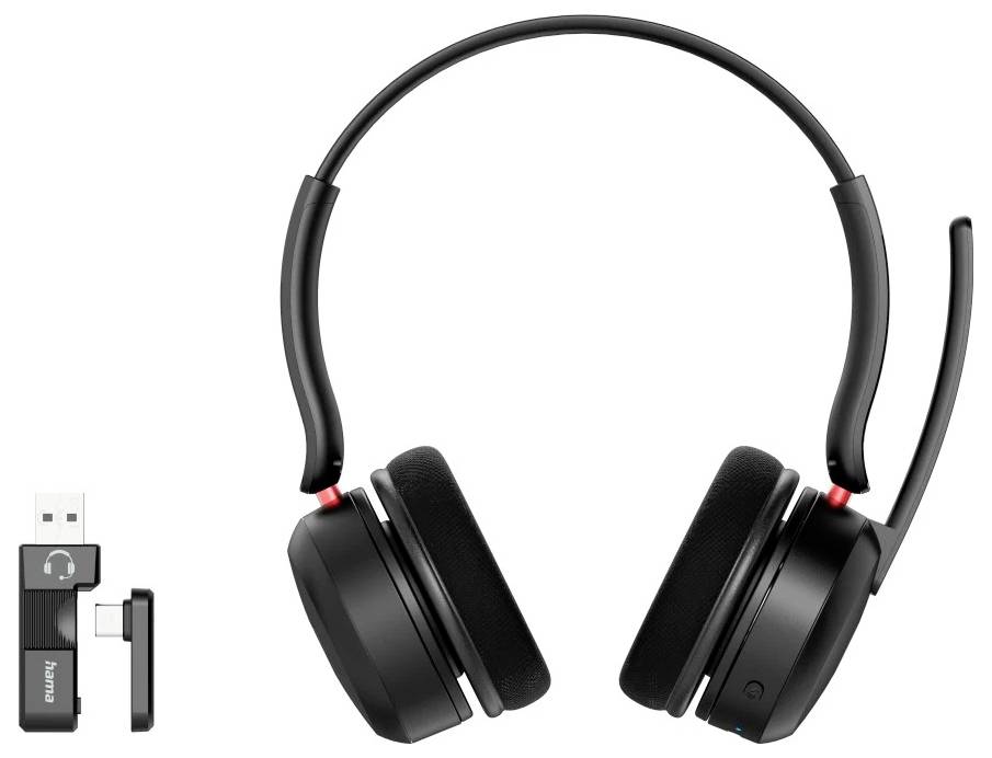Sort trådløs over-ear headset med boom-mikrofon og USB Bluetooth-adapter vist på hvid baggrund.
