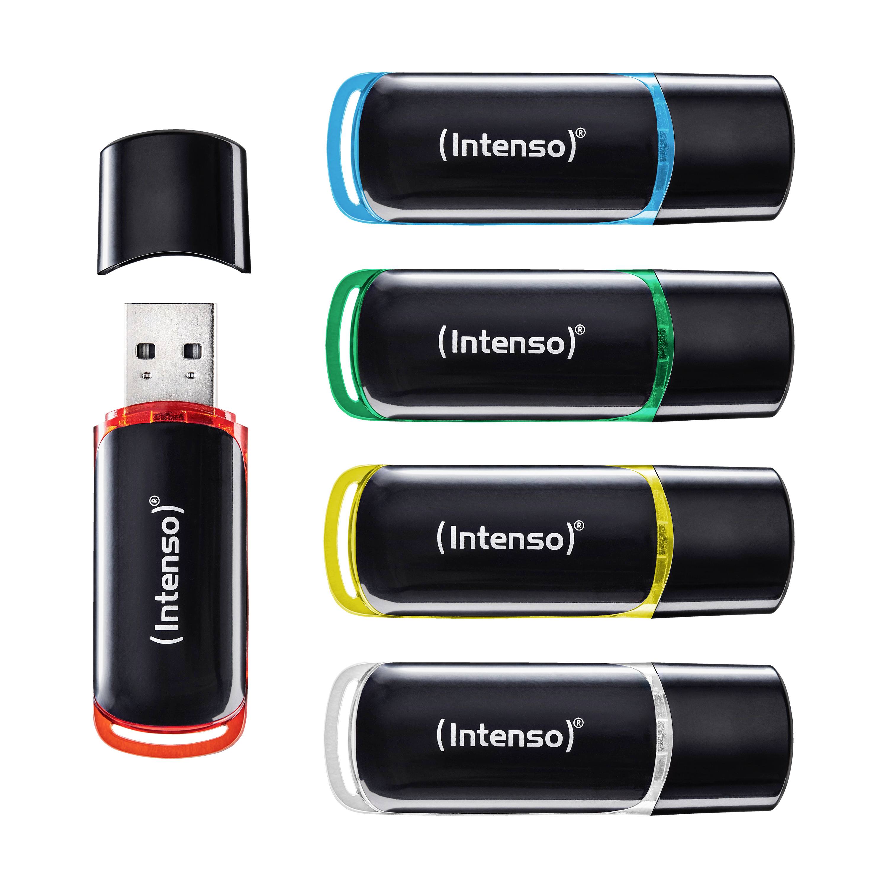 Black Intenso USB-flashdrive vist med låg fjernet og fire farvevariantter: blå, grøn, gul og sølv-akcentter.