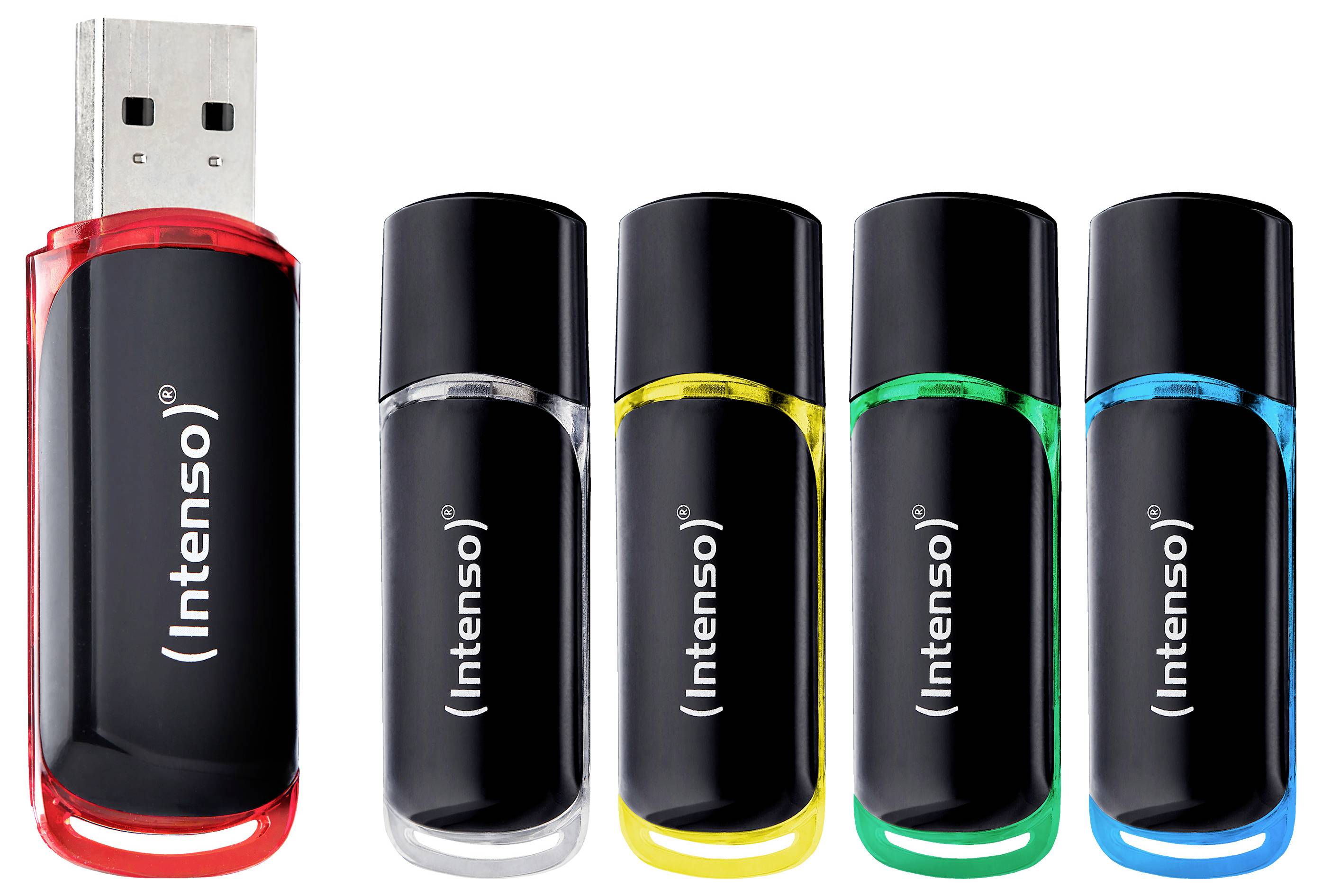Sæt Intenso USB-flashdrev i fire farver: rød uden hætte, plus sort, gul, grøn og blå drevs med hætter.