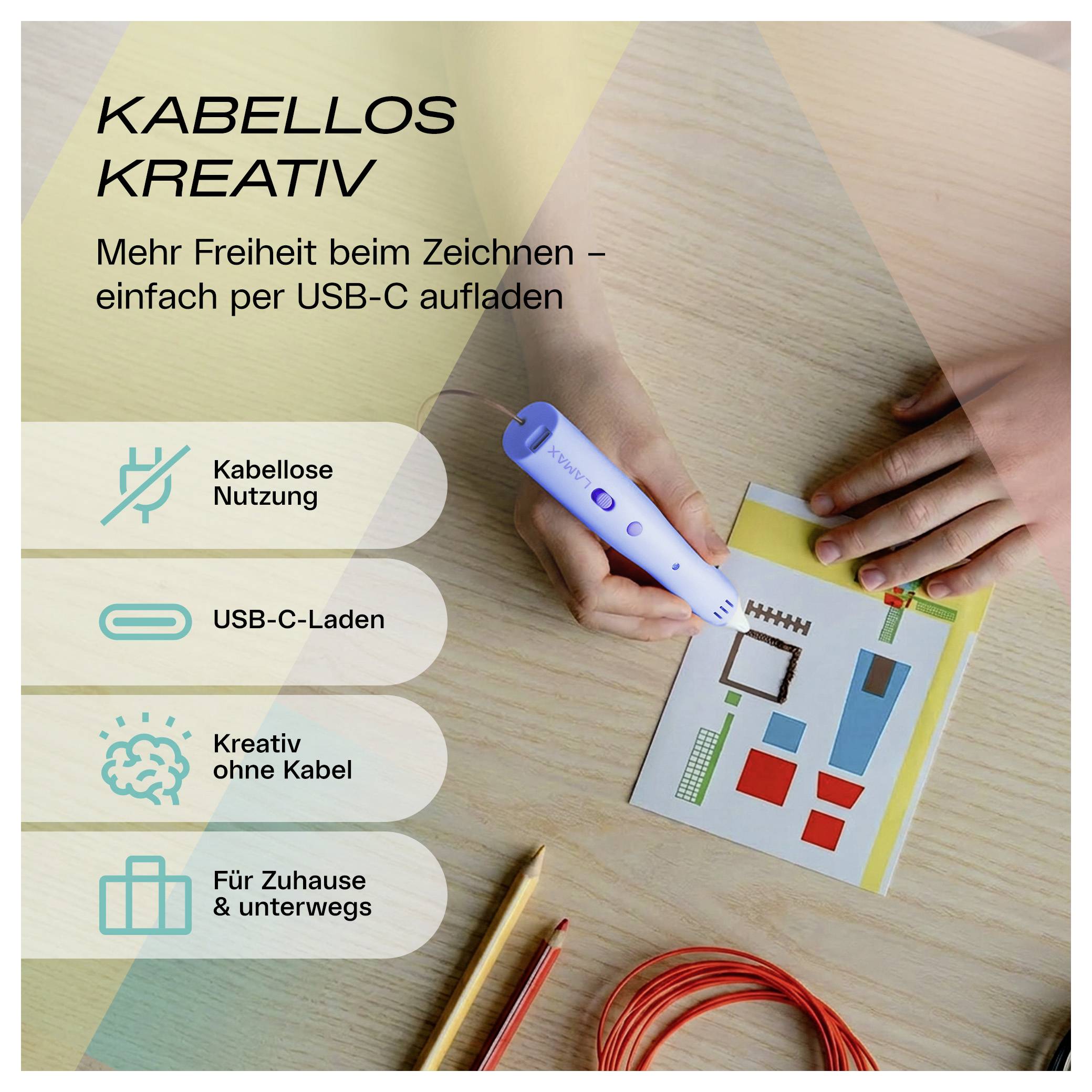 TRÅDLØS KREATIV<br><br>Mere frihed til at tegne – oplade simpelt via USB-C.