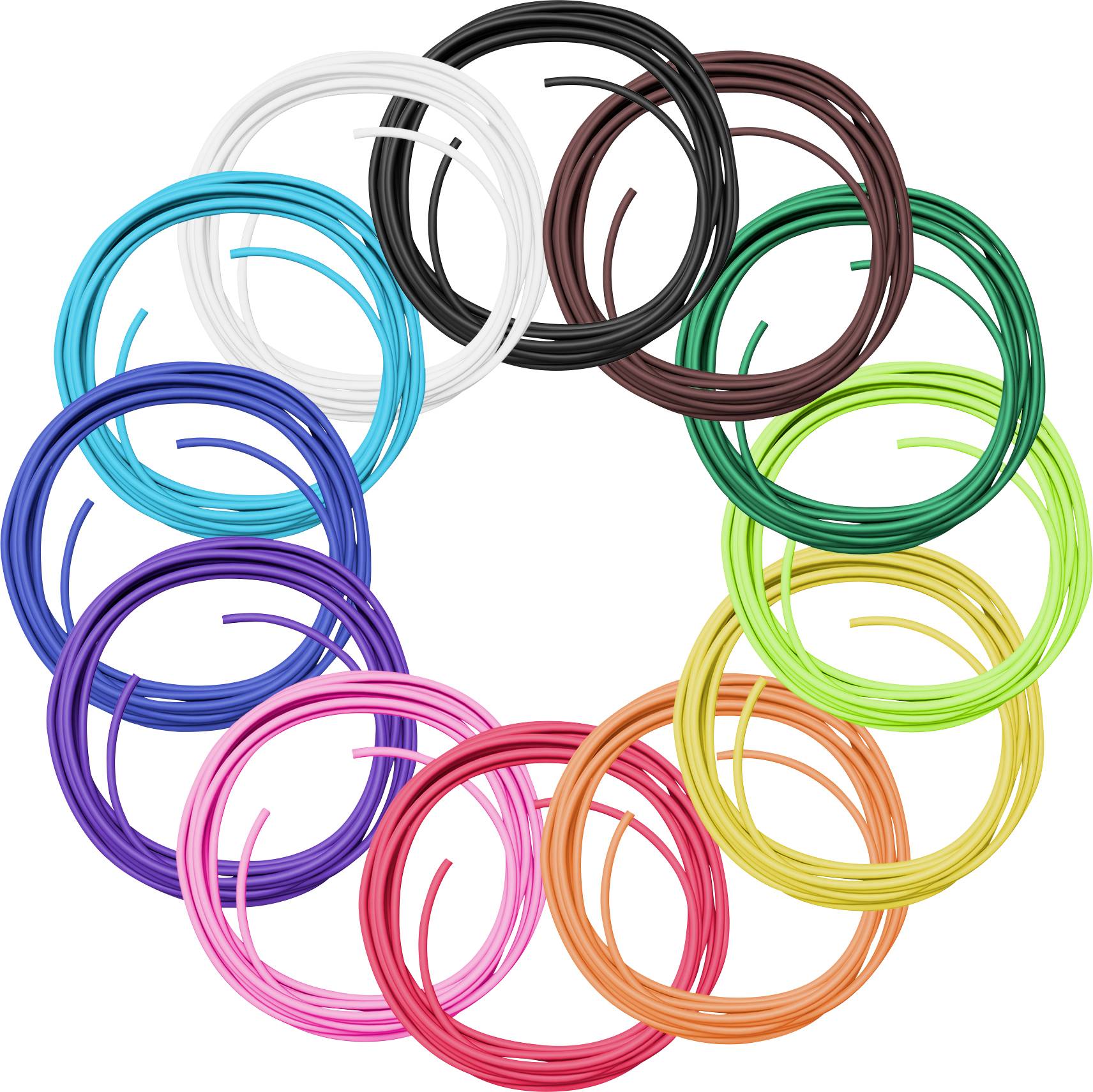 En cirkel af flerfarvede spiralformede ledninger arrangeret som et farvehjul på en hvid baggrund.