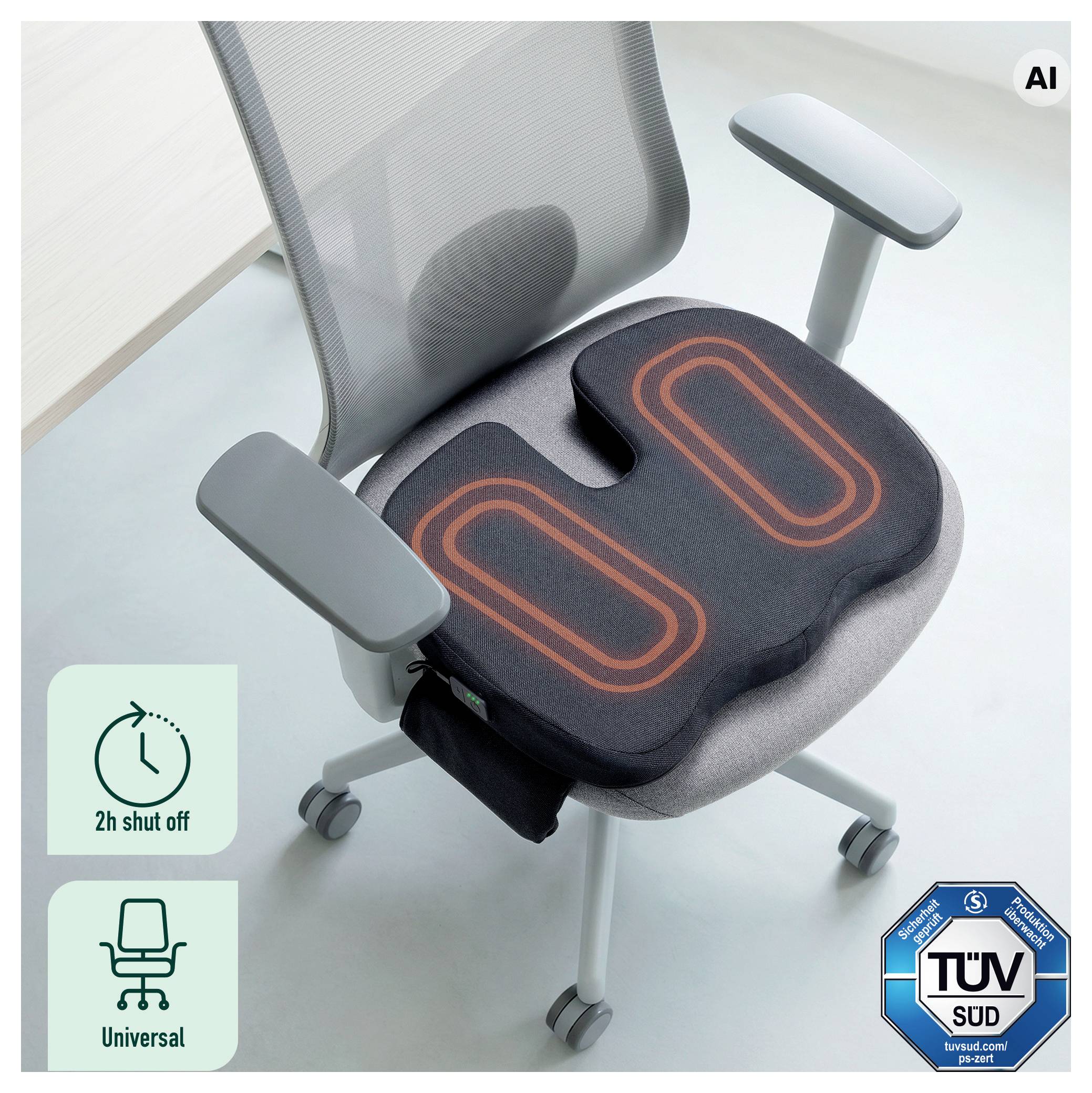Ergonomisk stol pude med lysende varme zoner, mærket '2h automatisk afbrydelse' og 'Universel'; TÜV SÜD certificeret tilbehør til kontorsstol.