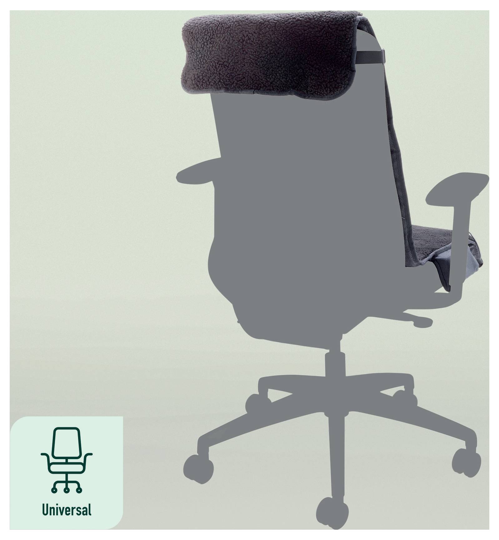 Kontorchairmed justerbare armlæn og fem-hjulet base, mærket "Universal" i nederste venstre hjørne.