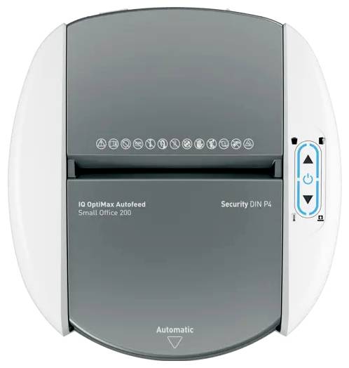 Frontalvisning af en grå og hvid automatisk papirmakulør mærket "IQ OptiMax Autofeed Small Office 200" og "Security DIN P4".