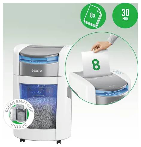 Leitz papirødelægger med kapacitet til 8 ark og 30 minutters køretid, vist med påføring af "8" på et ark, der ødelægges, og med funktionen "Clean Emptying"-teknologi.