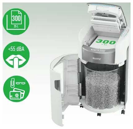 Åben papirskredder med en 300-arks, 25L kapacitet og under 55 dBA støjikoner vist ved siden af den.