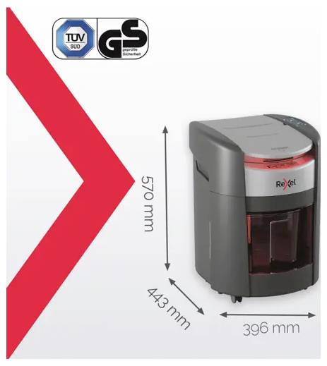 Kompakt Rexel-makuleringsmaskine vist med størrelsesmål 570 mm høj, 443 mm dyb og 396 mm bred; TÜV og GS sikkerhedsmærker ovenfor.
