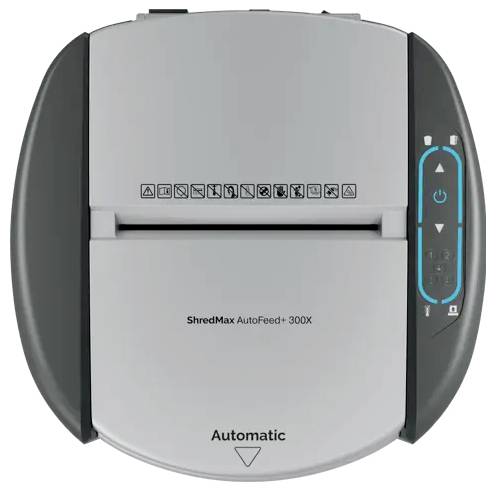 Topvisning af en ShredMax AutoFeed+ 300X automatisk papirshredder med et kontrolpanel på højre side.