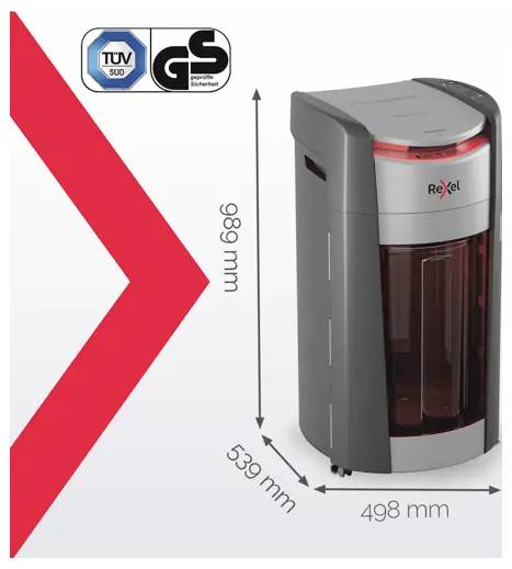 Produktbillede af en Rexel papirmakulør med TÜV- og GS-sikkerhedsmærker, vist med dimensioner på 698 mm høj, 498 mm bred og 539 mm dyb.
