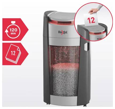 Rexel papirshredder med kapacitet til 12 ark og 120 minutters køretid, vist mens den skredder papir med en indsats af et ark markeret '12', der bliver født ind.