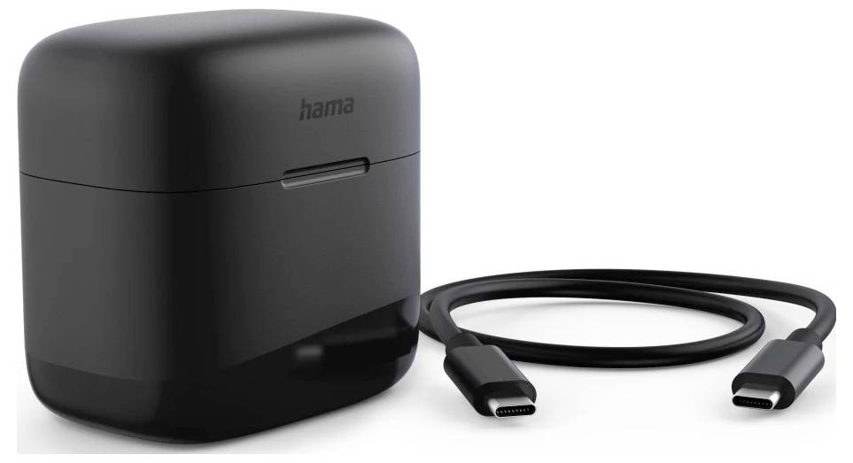 Sort Hama opladningsdok med USB-C-kabel rullet op ved siden af på hvid baggrund.