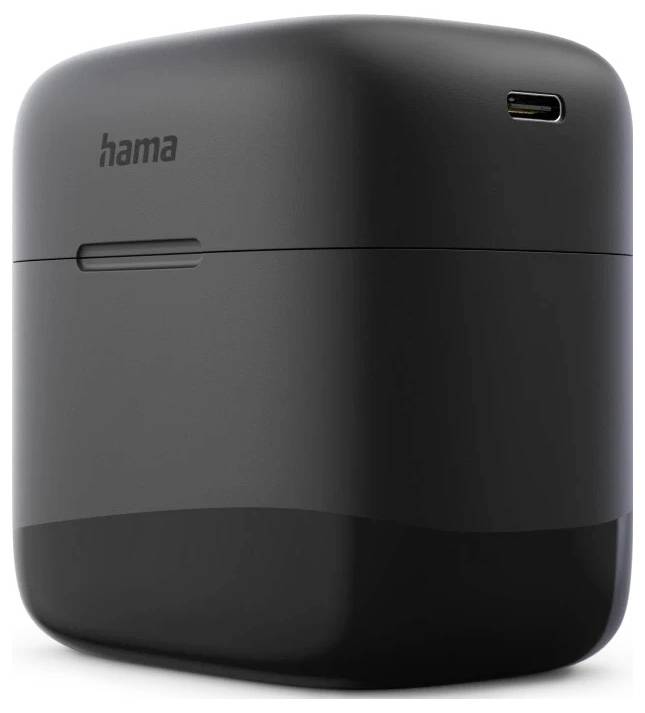 Sort Hama trådløs øretelefon-ladekasse med USB-C-port og LED-indikator på forsiden.