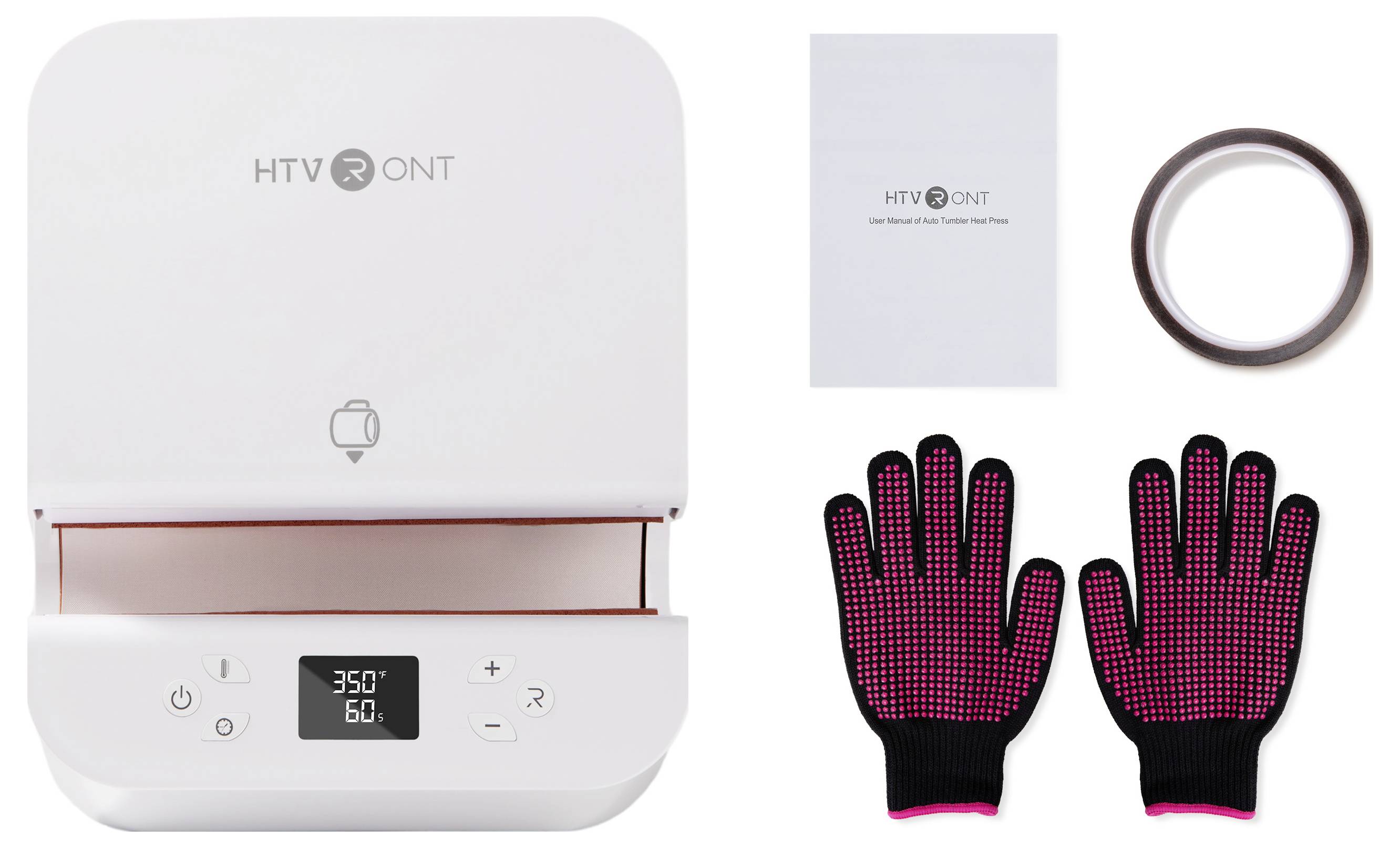 Hvidt bordapparat med kontrolpanel og display, vist med brochure, rundt ringstel og to røde LED-handsker, sandsynligvis et varmepressekit eller negleuv-kit.