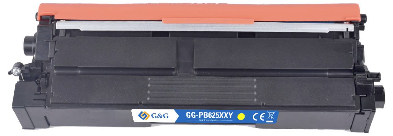 Sort printertonerpatron med orange topdæksel og blå G&G-etiket, vist på en hvid baggrund.