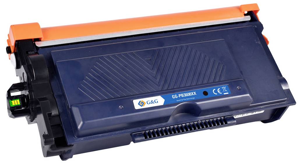 En sort tonerpatron med orange beskyttelsesender, mærket G&G, vist på hvid baggrund.
