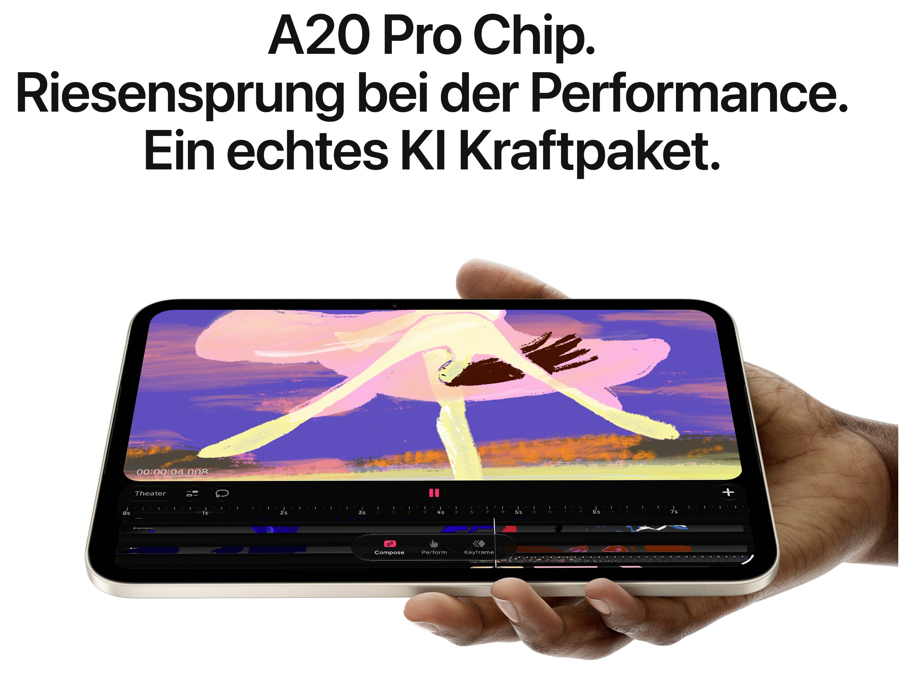 Reklame for iPhone med A20 Pro-chip: En telefon i hånden viser en videoredigeringsgrænseflade og sloganet "Enorm præstationsforbedring. Et ægte AI-kraftpaket."