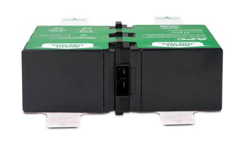 Genopladelig batteri i rektangulær kasse med grøn overflade, forsynet med symboler og advarsler.