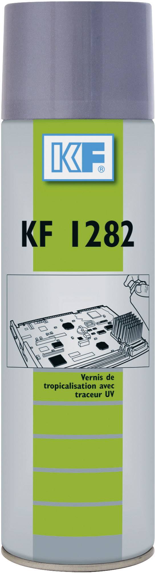 'Aerosoldåse med KF-branding og påskriften KF 1282. Indeholder tropikaliseret lak med UV-markering. Grafik af et overtrukket elektronisk komponent.'
