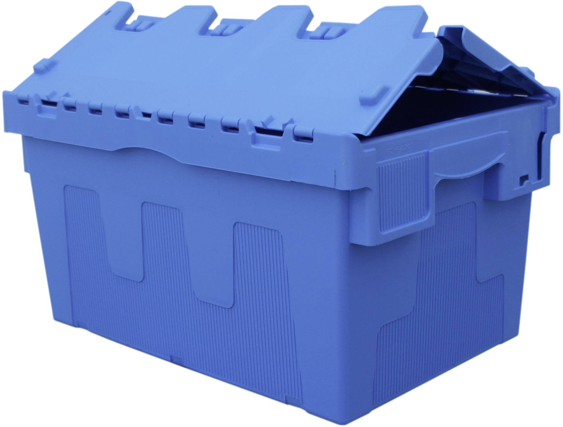En blå, robust plastbeholder med låg. Låget er let åbnet og viser beholdernes indre.