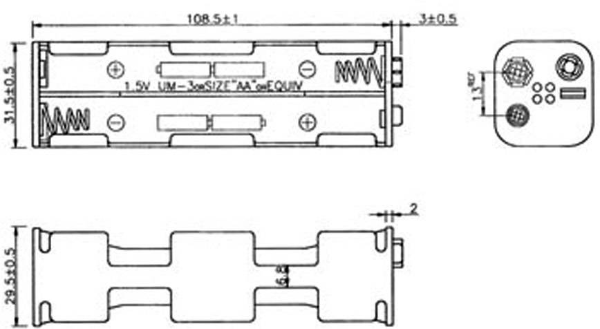 Teknisk tegning af et batteriholder til to AA-batterier med dimensionsangivelser i millimeter. Detaljer om fjeder- og kontaktpositioner.
