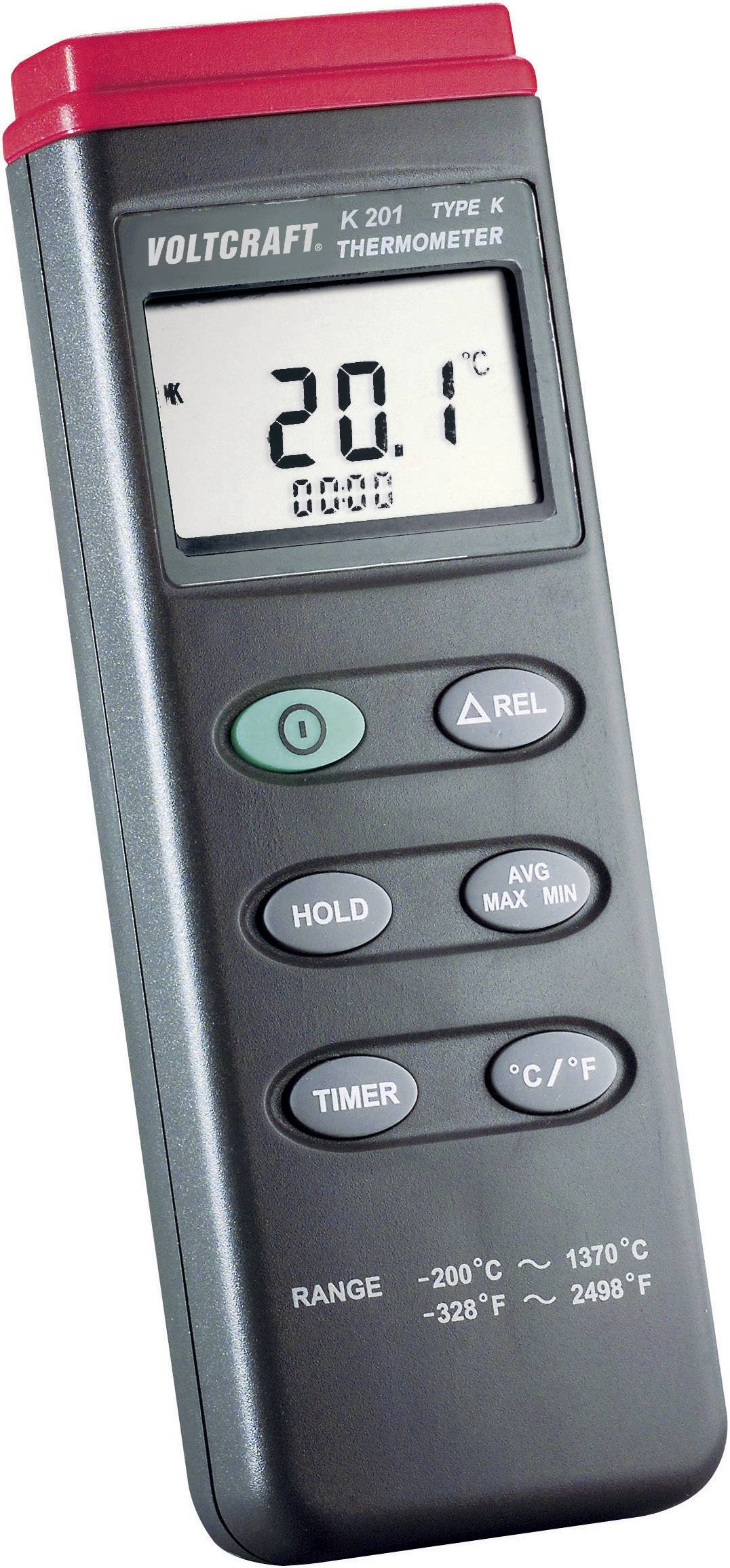 Digitalt termometer med display, knapper og temperaturområde fra -200°C til 1370°C.