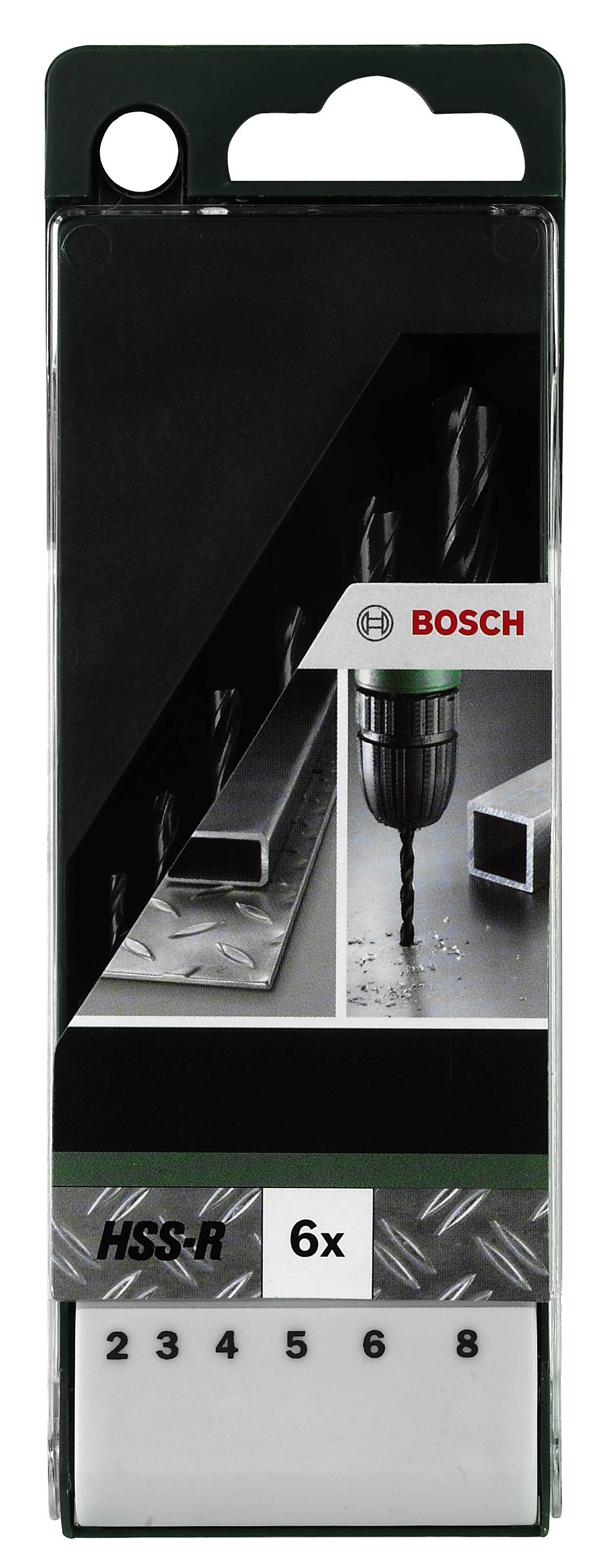 Pakning med Bosch HSS-R metalborsæt, 6-delt. Indeholder borestørrelser fra 2 til 8 mm, velegnet til metalbearbejdning.