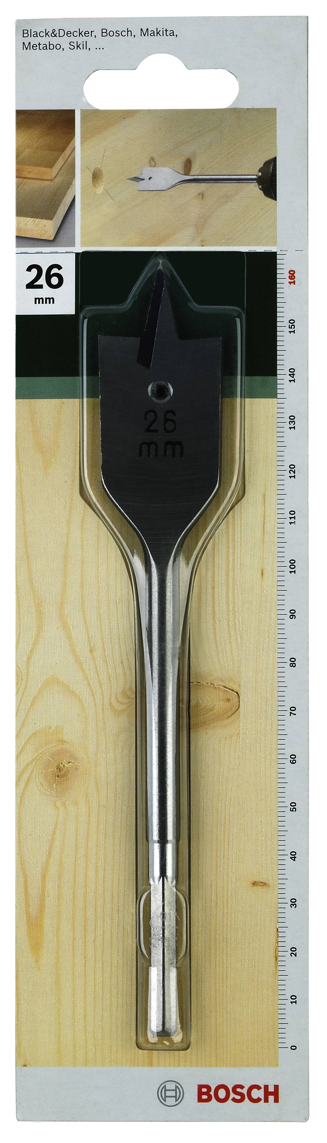 Bosch flad fræsebor 26 mm i originalemballage. Værktøj til træboring, vist på lys baggrund.