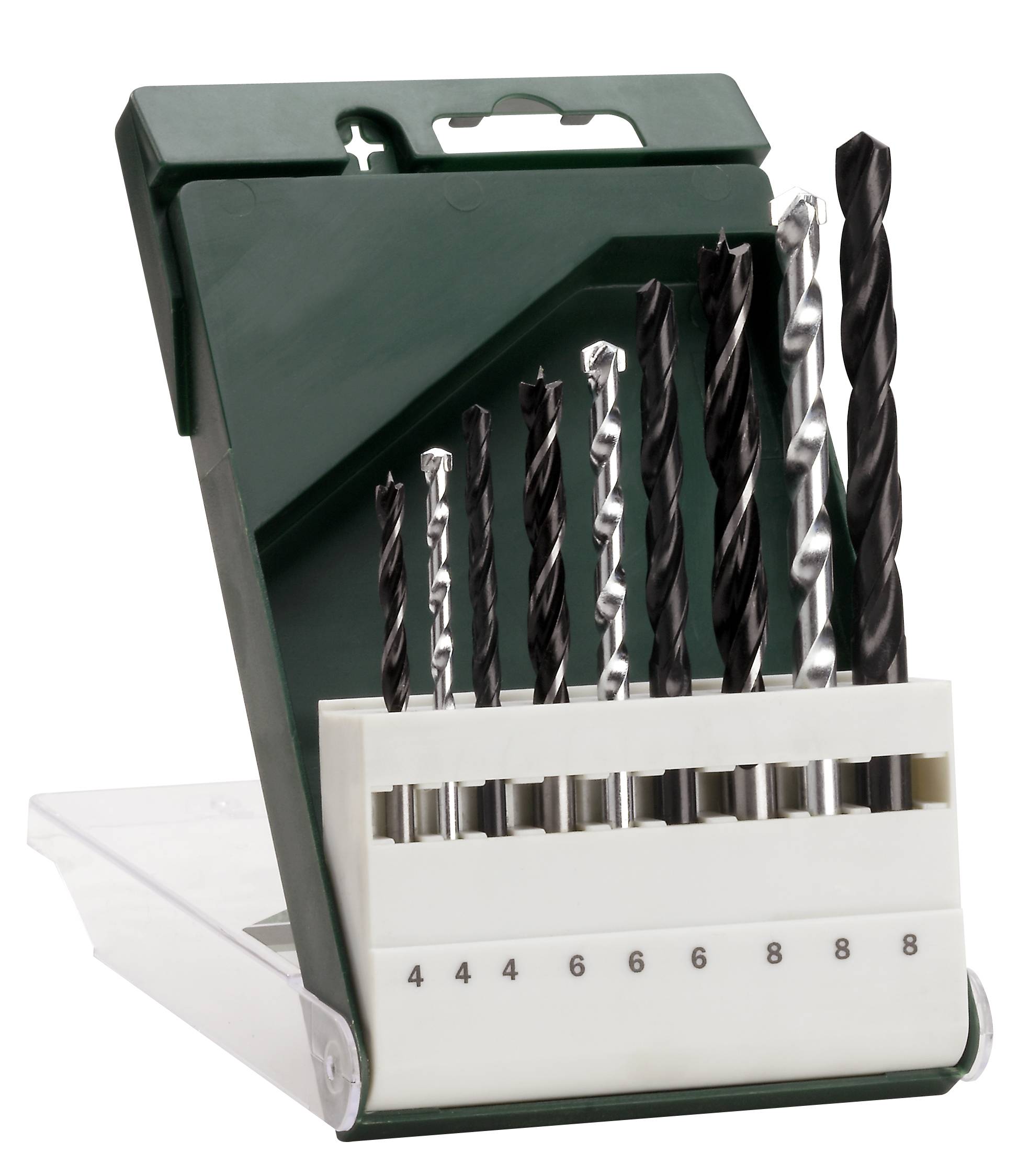 Et sæt med otte bor af varierende størrelser (4 til 8 mm) er arrangeret i en åben grøn etui.