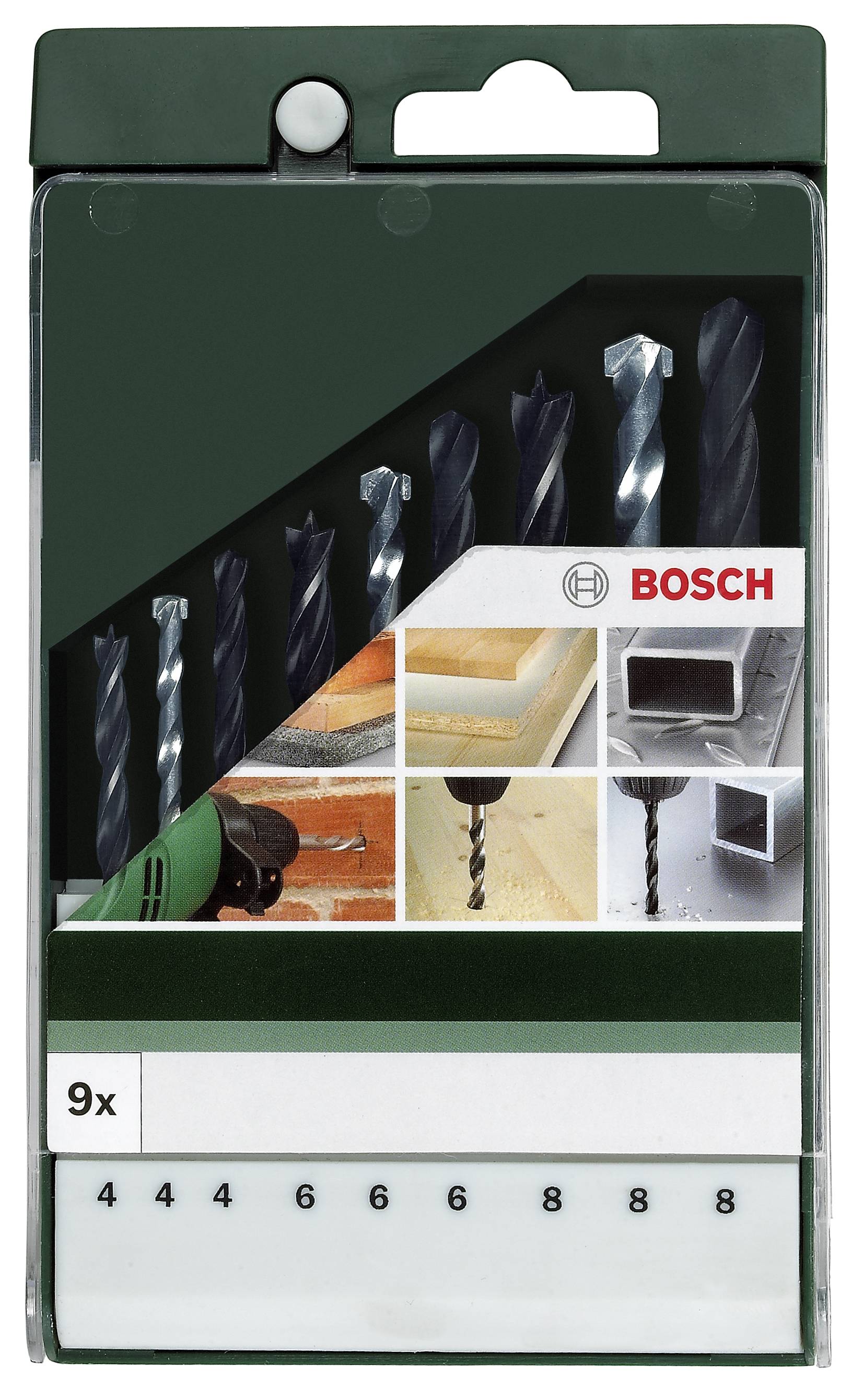 Bosch boresæt; 9 dele; Metal- og betonbor; Borrestørrelser fra 4 til 8 mm; Illustration viser anvendelser i træ og beton.