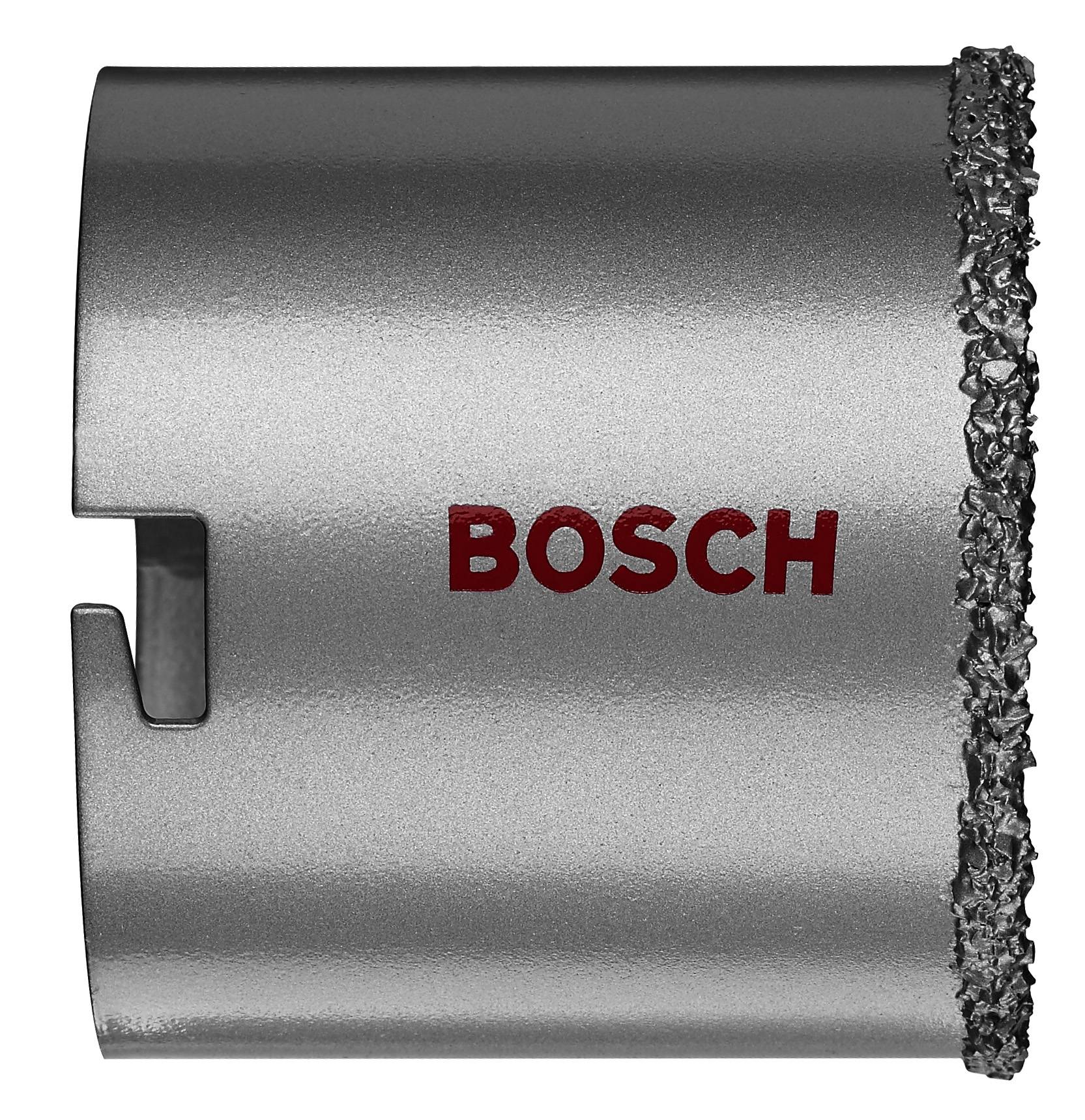 Sølvfarvet borehovede med rød 'BOSCH' påskrift, glat overflade og tandet kant, designet til præcis boring i hårde materialer.