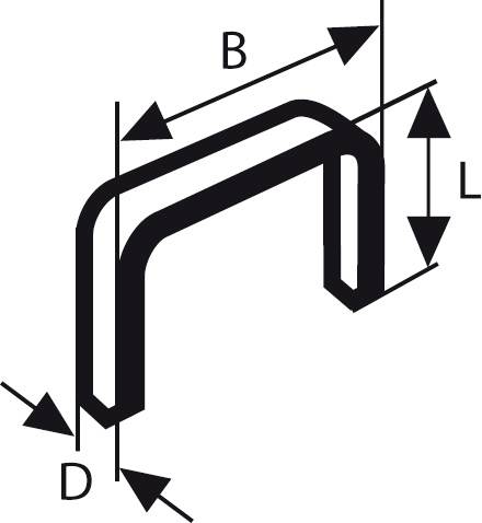 'Diagram over en U-formet metalbuks med dimensioner: Bredde (B), Længde (L) og Diameter (D), vist med pile.'