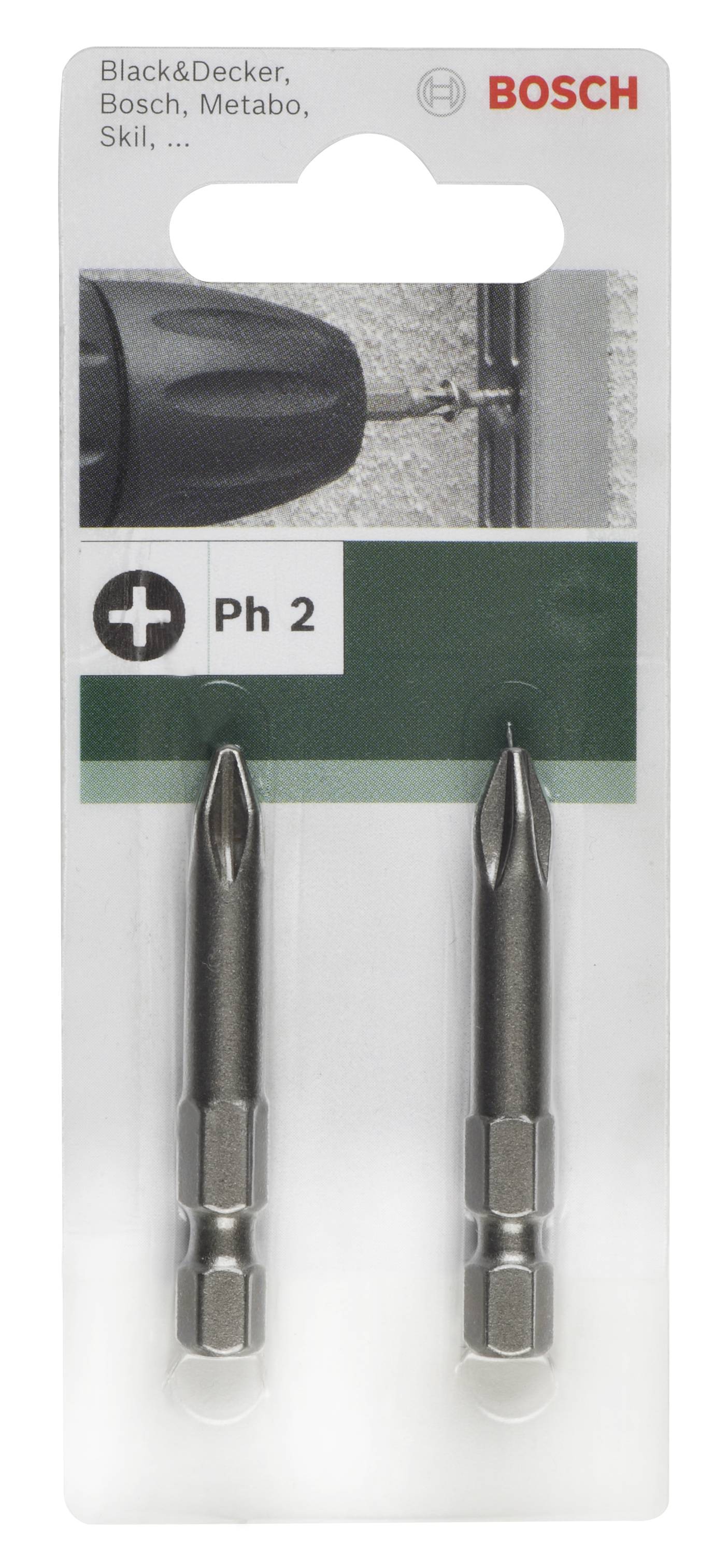 Emballage med to Bosch skruebits, type Ph 2, til mærker som Black&Decker og Metabo. Bosch-logoet er synligt øverst til højre.