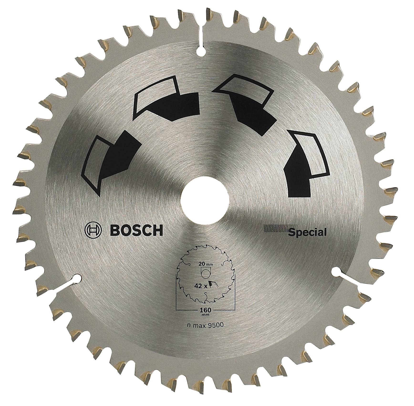 Bosch-rundsavsklinge med specialdesignede tænder til præcisionsskæring, med maksimal omdrejningshastighed på 9500 o/min.
