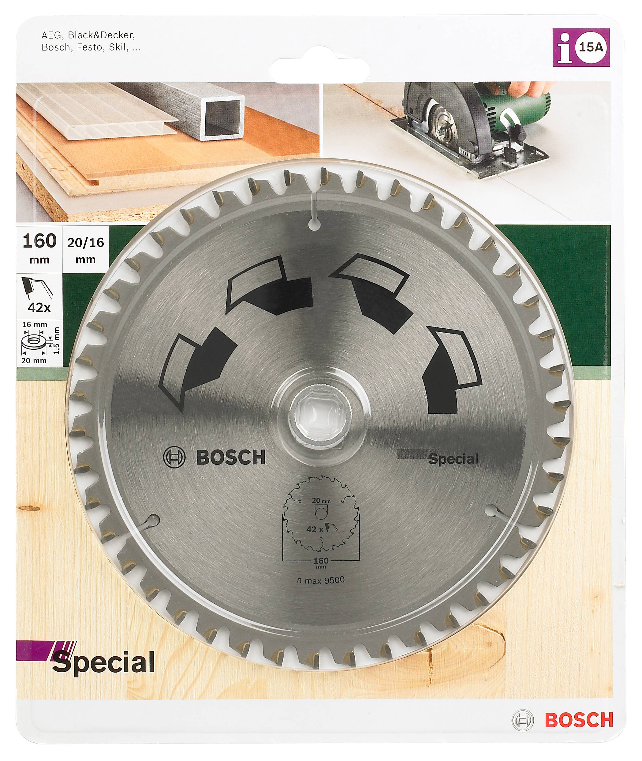 Bosch-rundsavsklinge med special tandform, diameter 160 mm, til træ- og plastbearbejdning, vist i emballage.