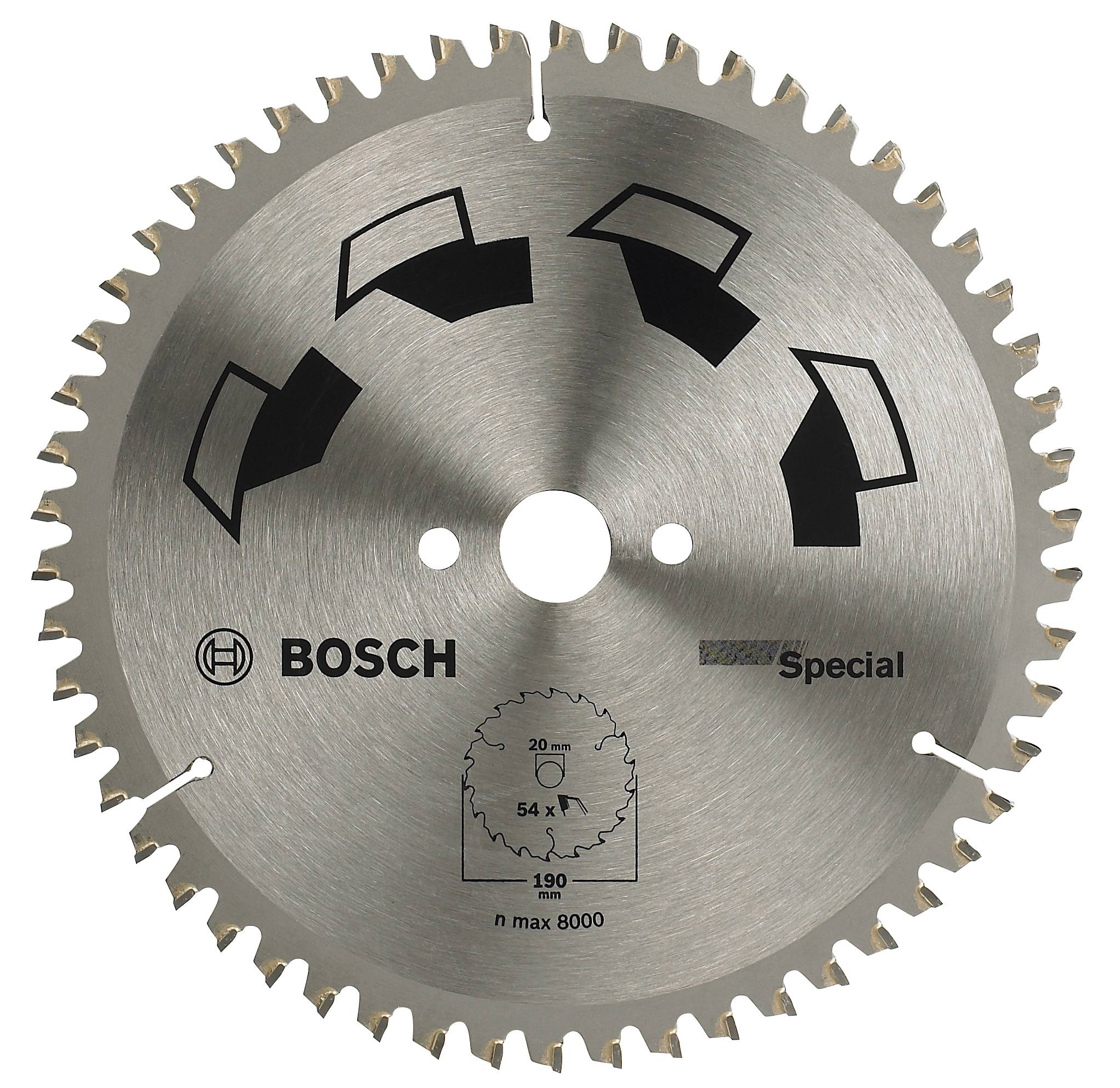 Kredsavklinge med metaltænder, Bosch-logo og påtryk 'Special'. Markeringer viser maksimal omdrejningshastighed og diameter.