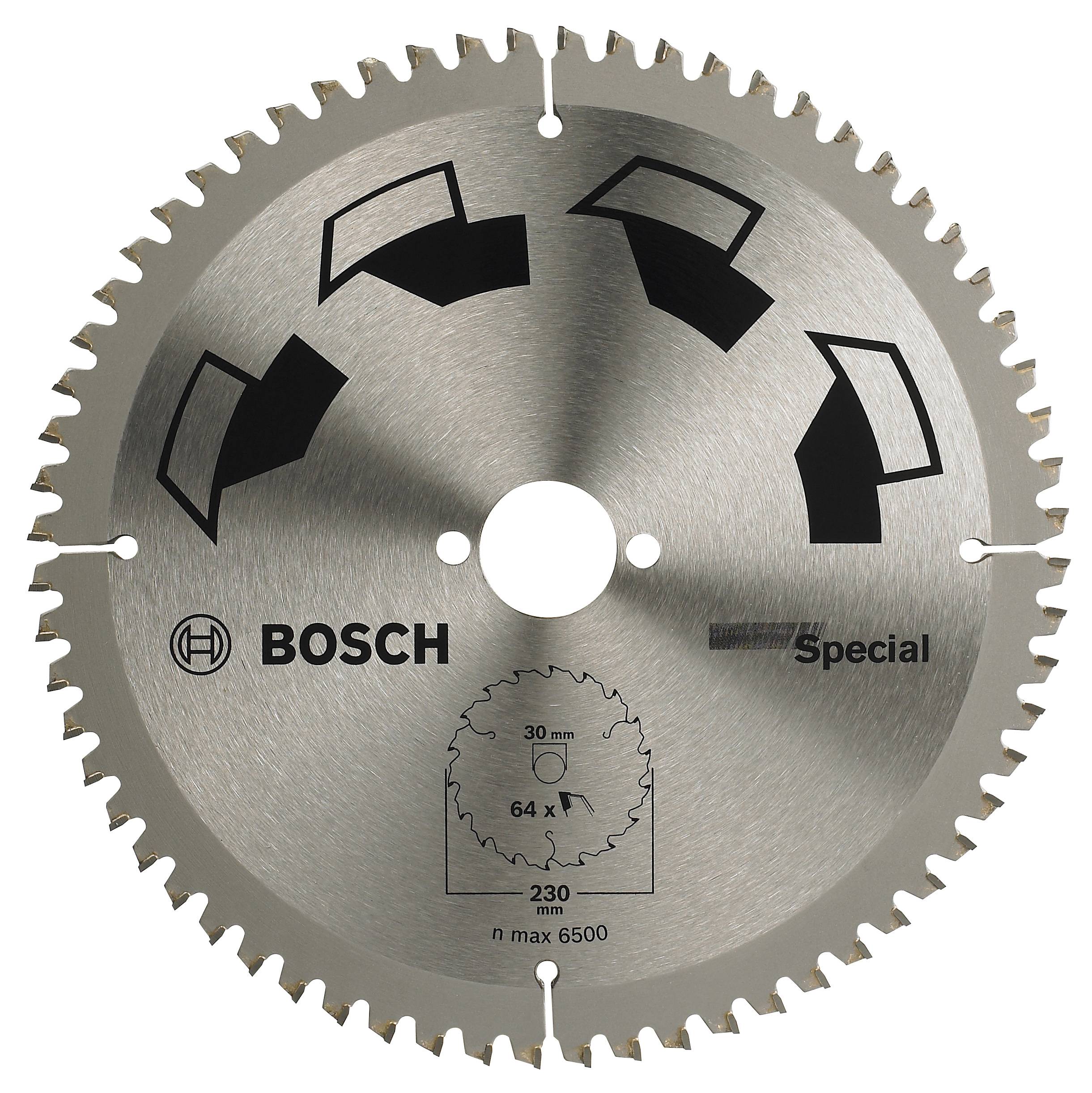Kredsavsklinge med Bosch-logo, 'Special'-påskrift og markeringer. Tænder angiver skæreretning. Maks. 6500 o/min, 230 mm diameter.