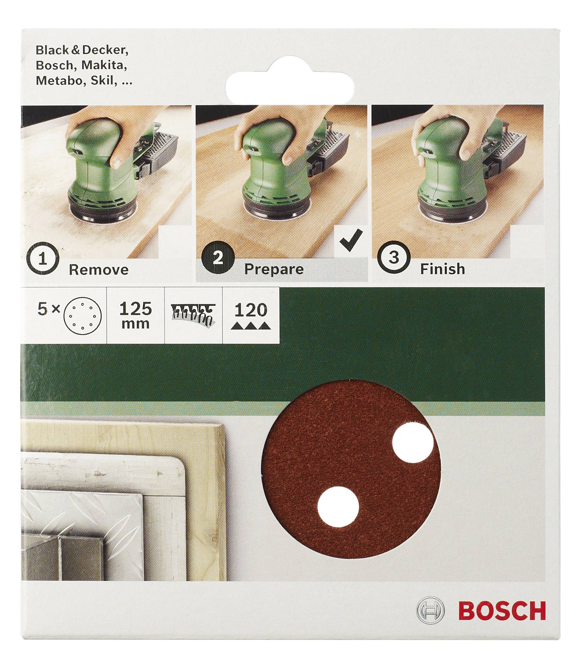 'Bosch' slibepapirpakke med 5 slibeskiver. Påføringsproces vist i tre trin: Fjerne, Forberede, Afslutte.