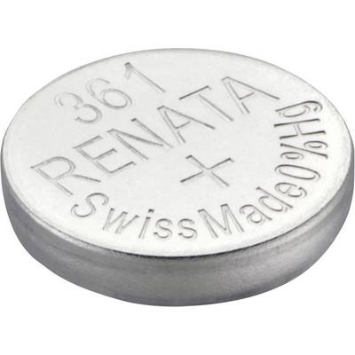 Sølv knapcellebatteri med påskriften 'RENNATA 361', 'Schweizisk Fremstillet' og 'Hg 0%'.
