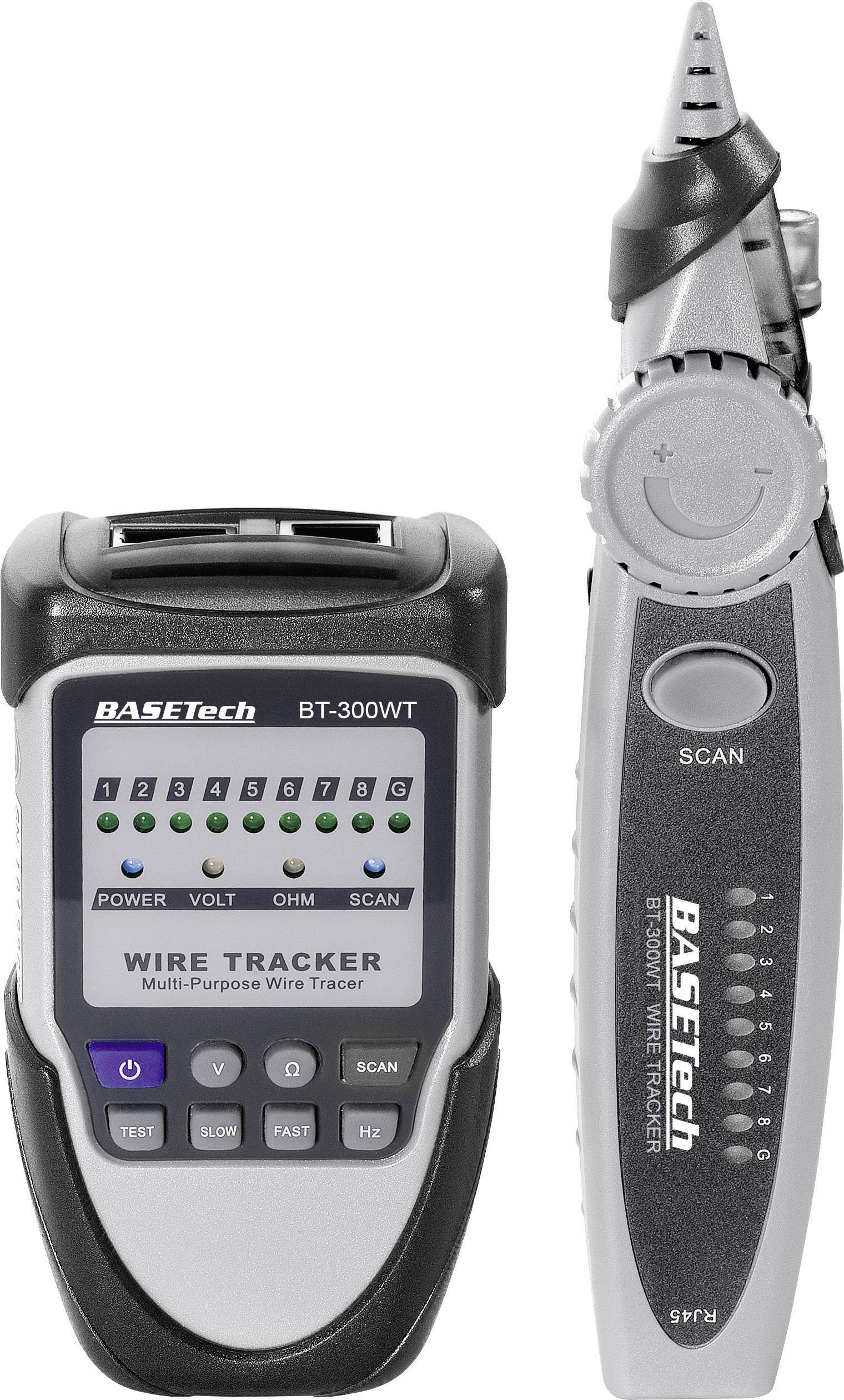 Et kabelsøgningsapparat (BASETech BT-300WT) med modtager og sender til sporing og identifikation af kabler og ledninger.
