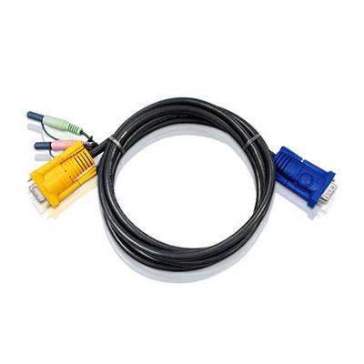 Et kabel med VGA- og lydstik i blå, gul, grøn og lyserød farve, oprullet, viser forskellige tilslutningsmuligheder.