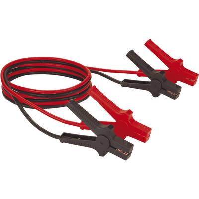 Røde og sorte startkabler med klemmer til forbinding af bilbatterier.